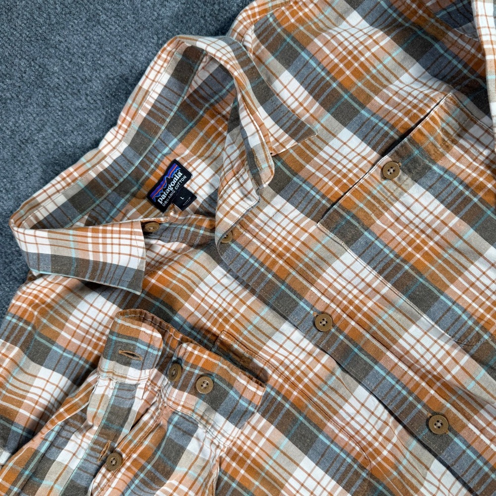Patagonia Mens Large Orange Plaid Organic Cotton Long Sleeve Shirt 53837 #4684